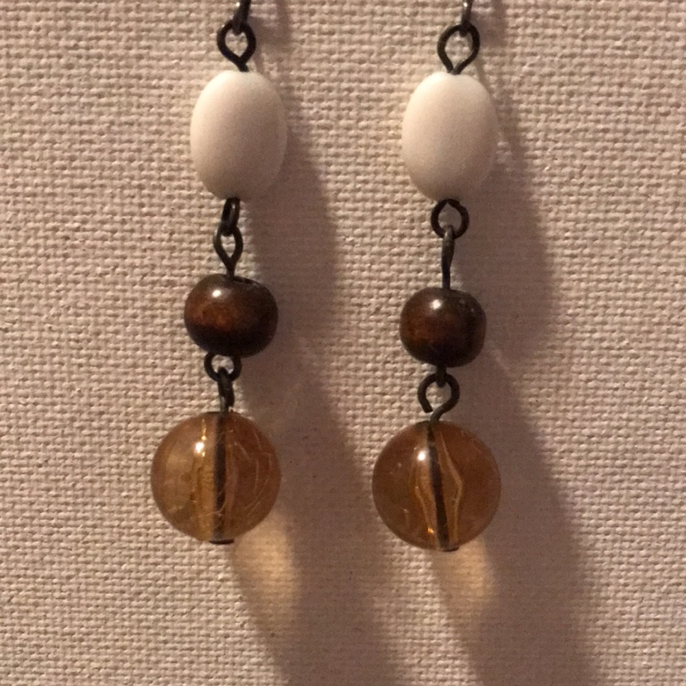 Beaded Brown and White Dangle Earrings